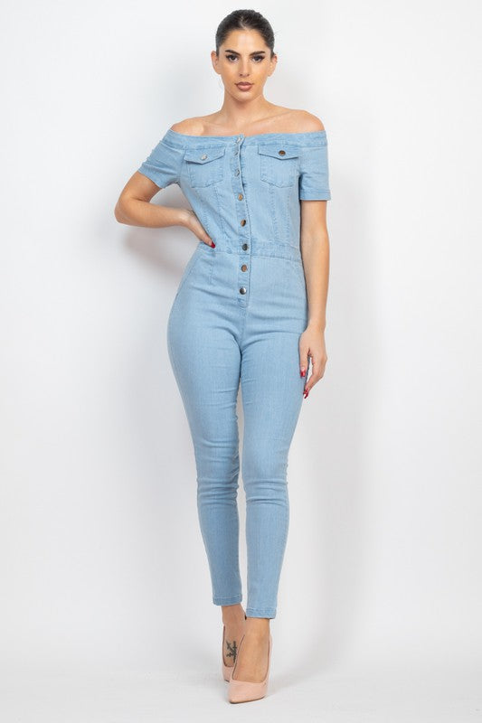 Light Denim Button-Down Off-Shoulder Denim Jumpsuit