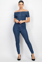 Dark Denim Button-Down Off-Shoulder Denim Jumpsuit