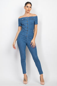 Medium Denim Button-Down Off-Shoulder Denim Jumpsuit