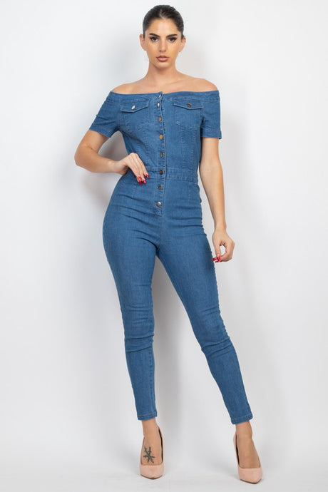 Medium Denim Button-Down Off-Shoulder Denim Jumpsuit