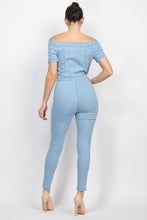 Light Denim Button-Down Off-Shoulder Denim Jumpsuit