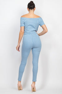 Light Denim Button-Down Off-Shoulder Denim Jumpsuit