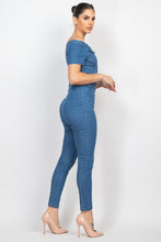 Medium Denim Button-Down Off-Shoulder Denim Jumpsuit