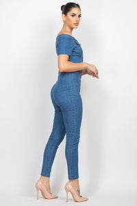 Medium Denim Button-Down Off-Shoulder Denim Jumpsuit