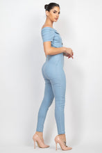 Light Denim Button-Down Off-Shoulder Denim Jumpsuit
