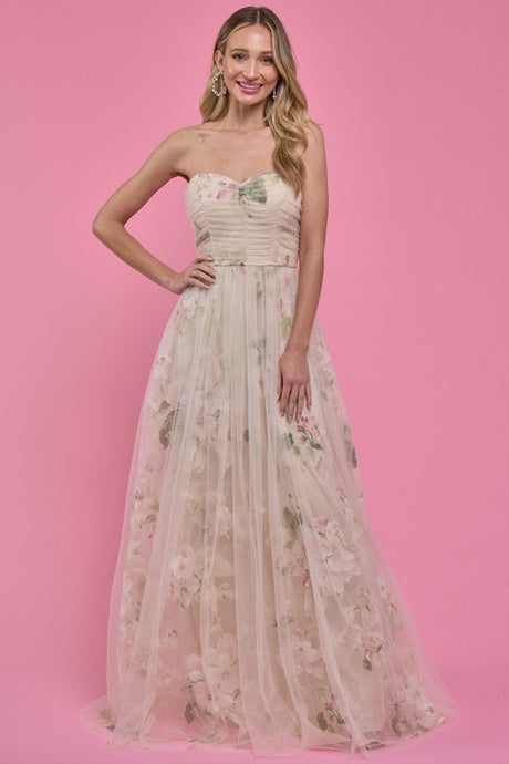Beige Bestseller Organza Floral Gown