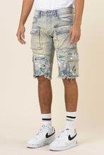 Light Sand Tint Hand Painted Multi Cargo Denim Shorts