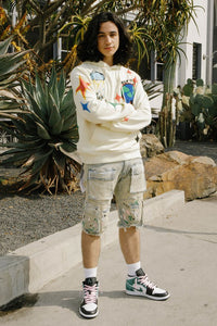 Light Sand Tint Hand Painted Multi Cargo Denim Shorts