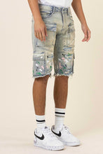 Light Sand Tint Hand Painted Multi Cargo Denim Shorts