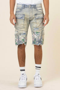 Light Sand Tint Hand Painted Multi Cargo Denim Shorts