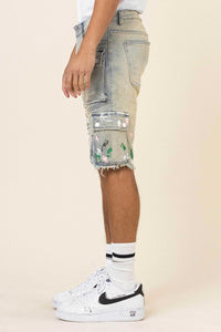 Light Sand Tint Hand Painted Multi Cargo Denim Shorts