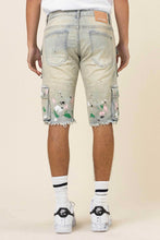 Light Sand Tint Hand Painted Multi Cargo Denim Shorts