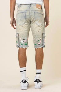 Light Sand Tint Hand Painted Multi Cargo Denim Shorts