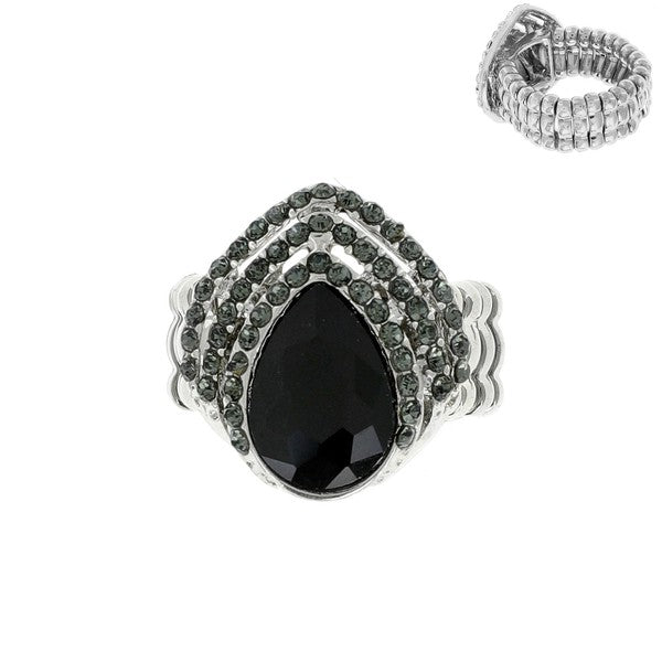 Dark Grey Teardrop Crystal Gem Tipple Halo Stretch Ring