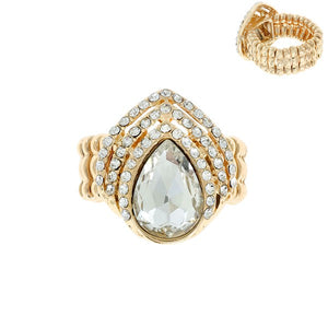 Gold Color Teardrop Crystal Gem Tipple Halo Stretch Ring