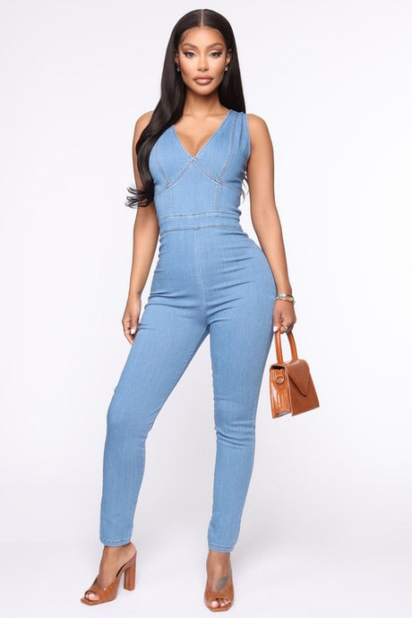 Medium Denim V Neck Denim Jumpsuits