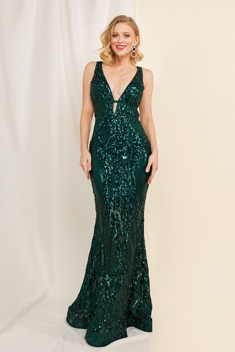 Emerald Long Sequin Halter Top Dress