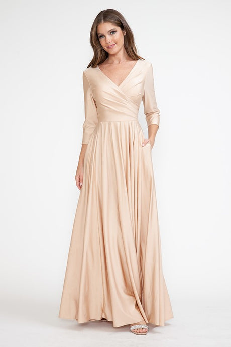Champagne Gold Sleeve Wrap Pleated Flare Pockets Formal Dress