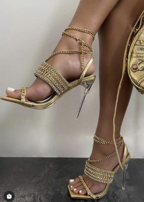 Gold Womens Rhinestone Metallic Chain Sandals