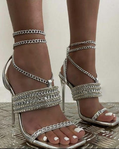 Silver Womens Rhinestone Metallic Chain Sandals