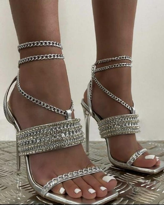 Silver Womens Rhinestone Metallic Chain Sandals