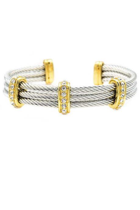 Two Tone Cubic Zirconia Open Cuff Cable Bracelet