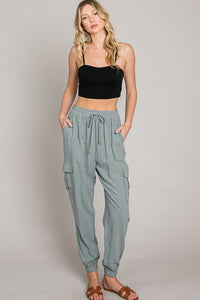 Sage Soft Linen Joggers with Cargo Pockets