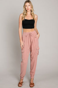 Pink Soft Linen Joggers with Cargo Pockets