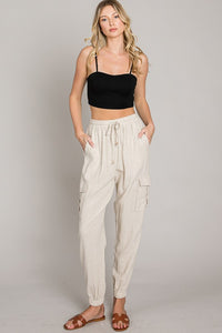 White Soft Linen Joggers with Cargo Pockets