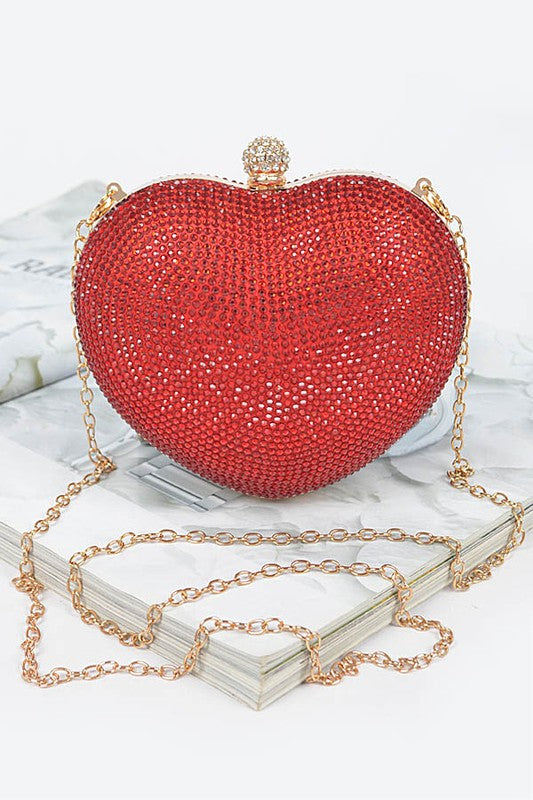 Heart Rhinestone Clutch Purse, Red/Red Stones