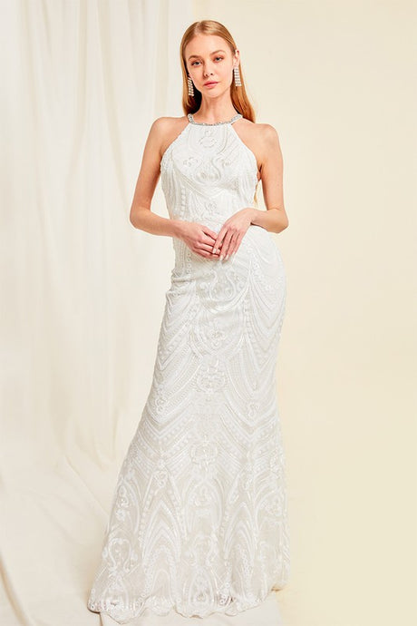 White Mesh Net With White Sequin Halter Gown