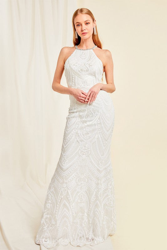 White Mesh Net With White Sequin Halter Gown