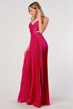 Fuchsia Satin Pleated Cut Out Back Long Gown