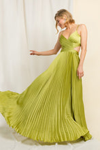 Lime Satin Pleated Cut Out Back Long Gown
