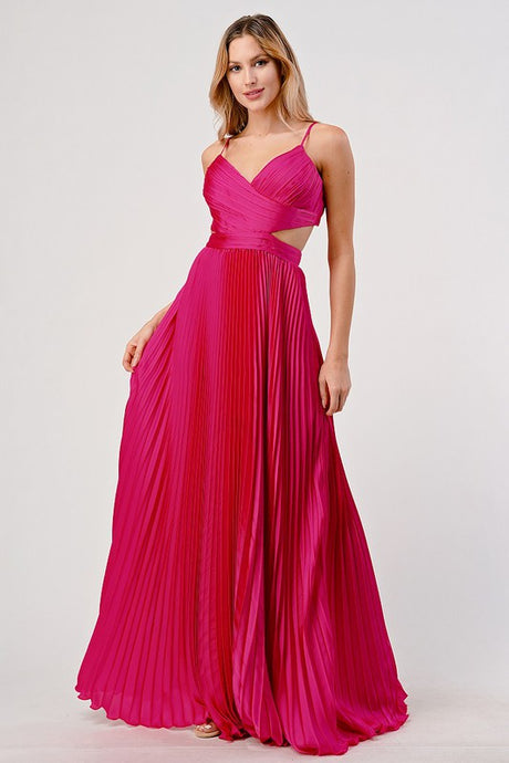 Fuchsia Satin Pleated Cut Out Back Long Gown