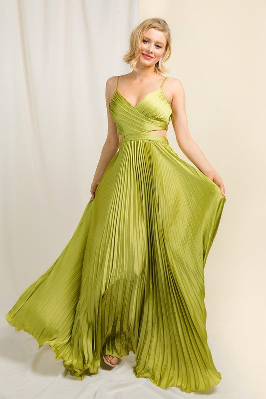 Lime Satin Pleated Cut Out Back Long Gown  Aquarius Brand