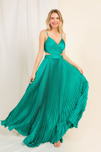 Kelly Green Satin Pleated Cut Out Back Long Gown