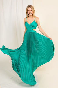 Kelly Green Satin Pleated Cut Out Back Long Gown