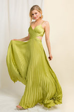 Lime Satin Pleated Cut Out Back Long Gown