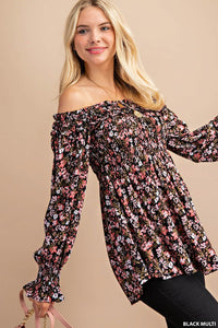 Black Multi Ditsy Floral Smocked Top