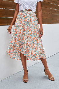 Beige Floral Ruffle Swing Midi Skirt