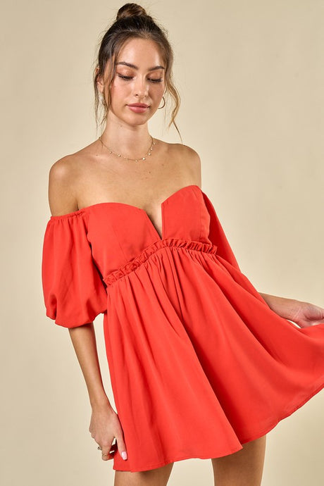 Tomato Red Off Shoulder V-wire Ruffle Detail Romper