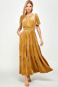 velvet tiered midi dress Gold Velvet Tiered Dress – Aquarius Brand