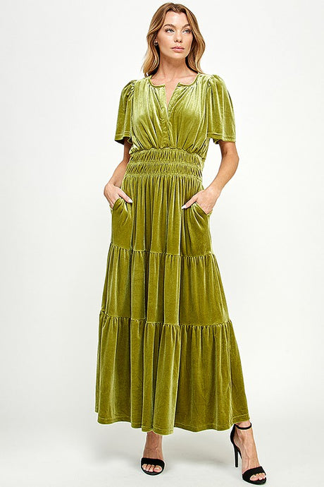 Moss Velvet Tiered Dress