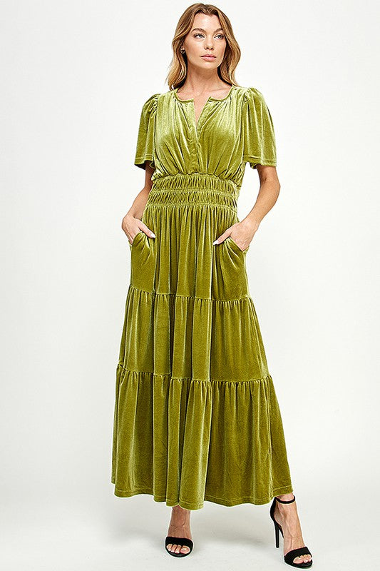 Moss Velvet Tiered Dress
