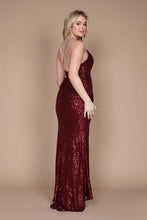 Burgundy Long Fitted Sequin Prom Dress