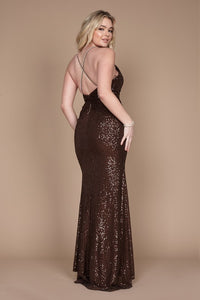 Dark Brown Long Fitted Sequin Prom Dress