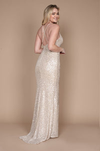Champagne Long Fitted Sequin Prom Dress