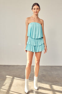 Light Blue Tube Top Ruffle Dress With Shorts