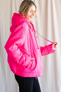 Neon Pink Solid Drawstring Puffer Jacket